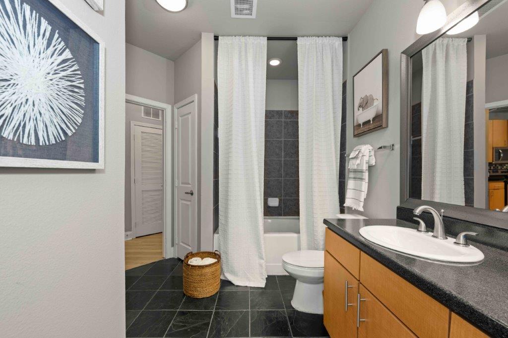 A Modern Bathroom at Mosaic South End Apartments, Charlotte, North Carolina